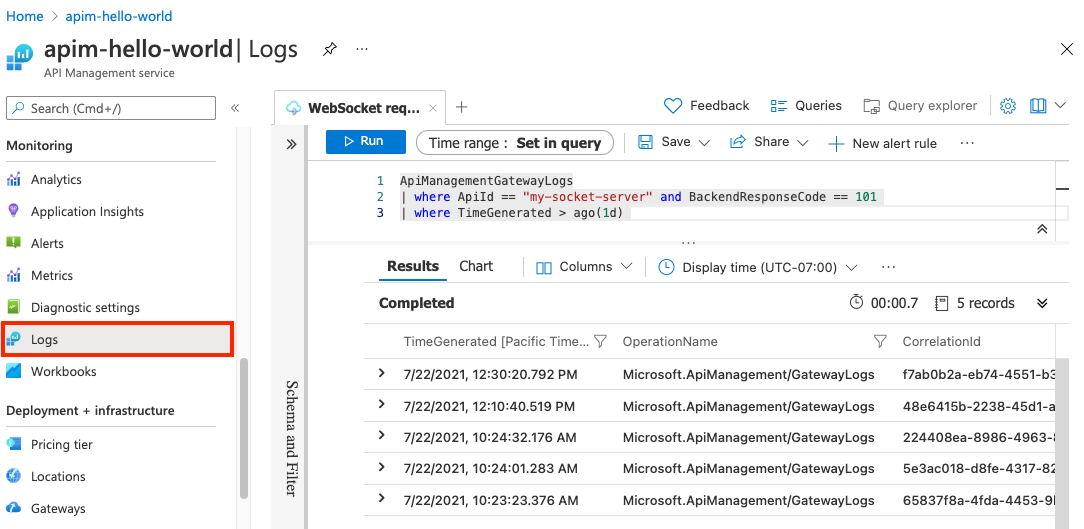 WebSocket API 要求のクエリ ログ