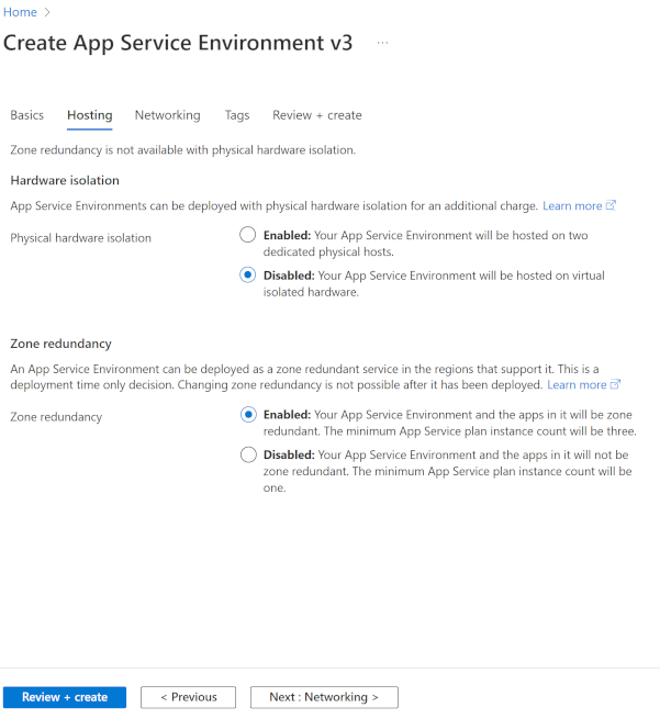 App Service Environment の [ホスティング] の選択項目を示すスクリーンショット。