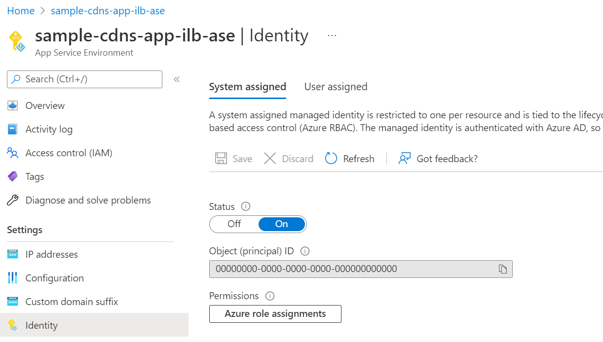 App Service Environment 用のシステム割り当てマネージド ID のサンプルのスクリーンショット。