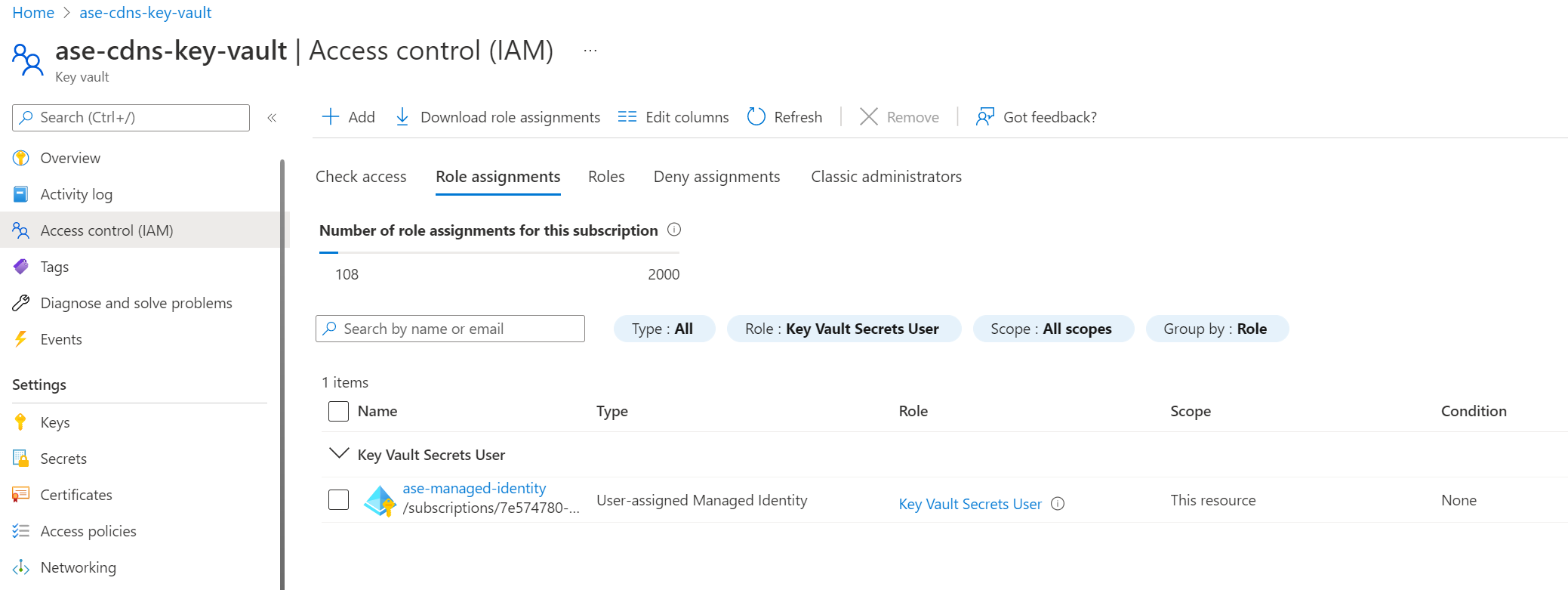 マネージド ID に関するキー コンテナーのロールベースのアクセス制御のサンプルのスクリーンショット。