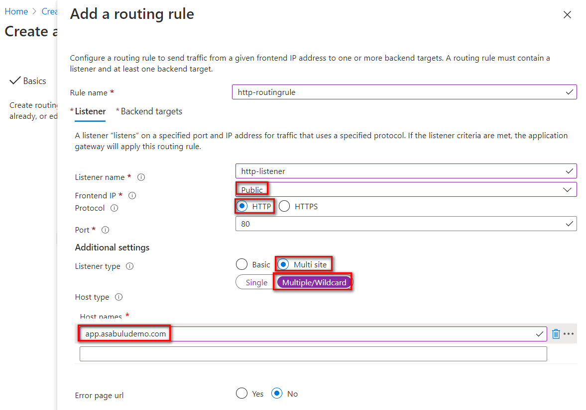 アプリケーション ゲートウェイ ルーティング規則の HTTP リスナーのスクリーンショット。