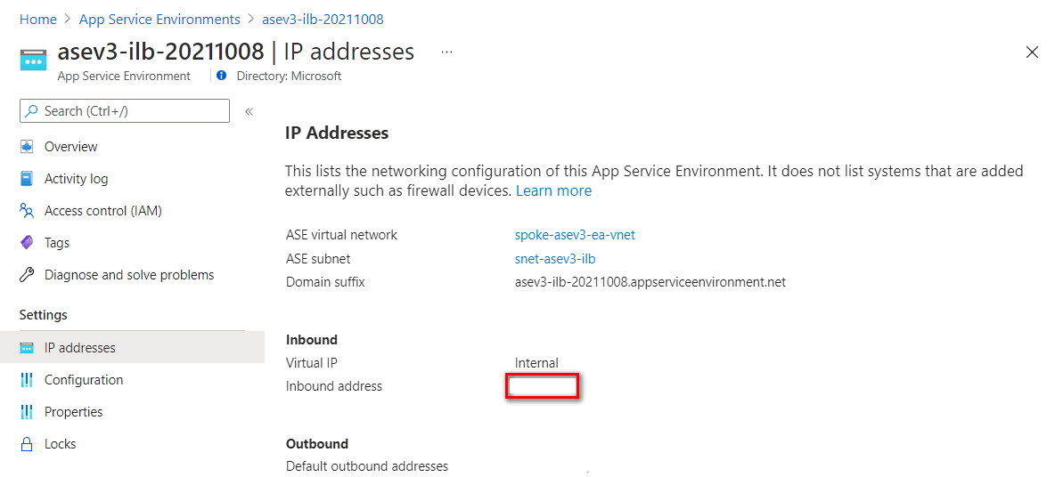 ILB App Service Environment の IP アドレス設定から受信アドレスを取得するスクリーンショット。