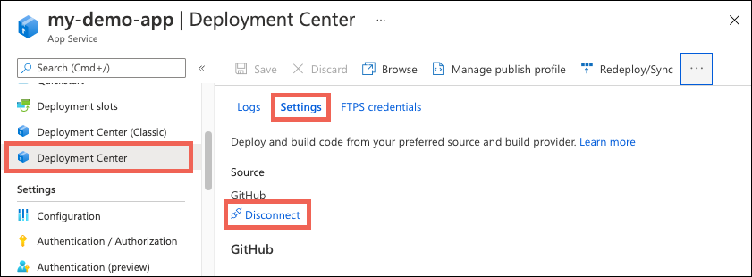 Azure portal の App Service アプリでクラウド フォルダーの同期を接続解除する方法を示すスクリーンショット。