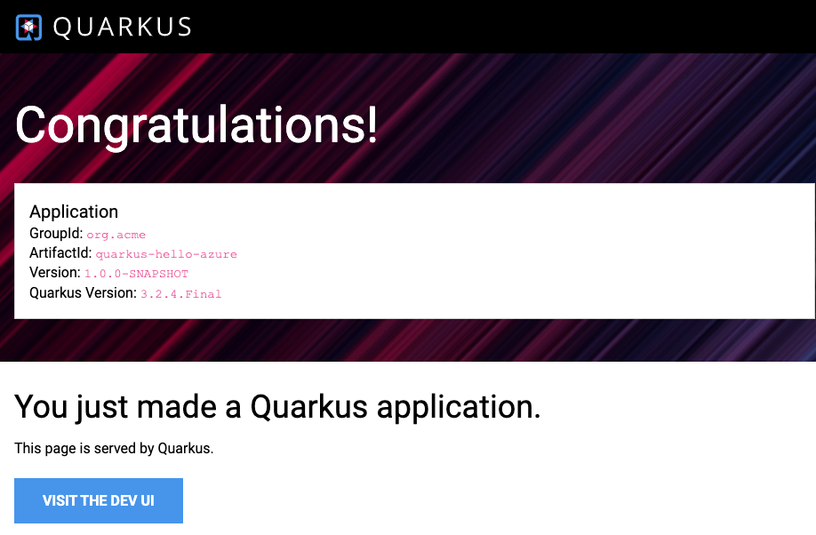 Azure App Service で実行中の Quarkus の Hello World Web アプリを紹介するスクリーンショット。