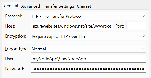 FTPS 接続の詳細のスクリーンショット。