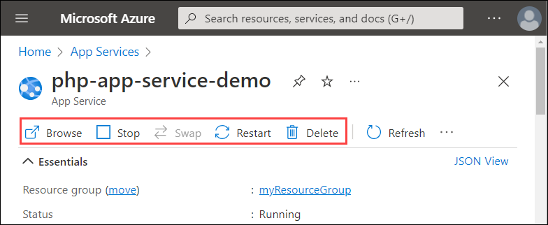 Azure portal における App Service の概要ページのスクリーンショット。アクション バーで、[参照]、[停止]、[スワップ] (無効)、[再開]、[削除] のボタン グループが強調表示されている。