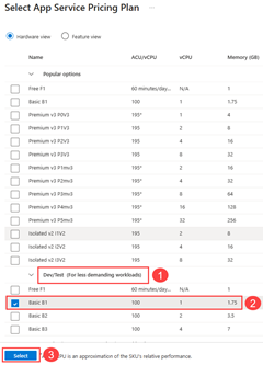 Azure portal で Basic App Service プランを選択する方法のスクリーンショット。