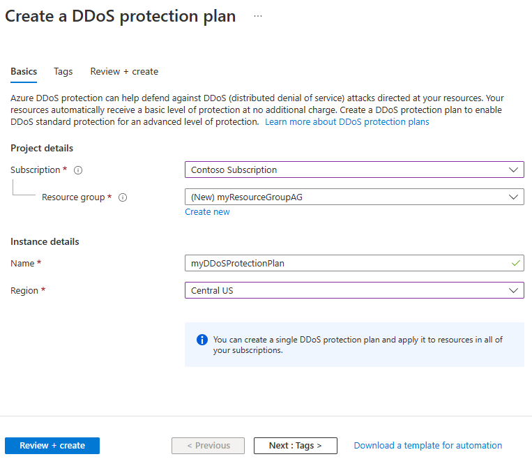 DDoS 保護プランを作成するための [基本] タブのスクリーンショット。