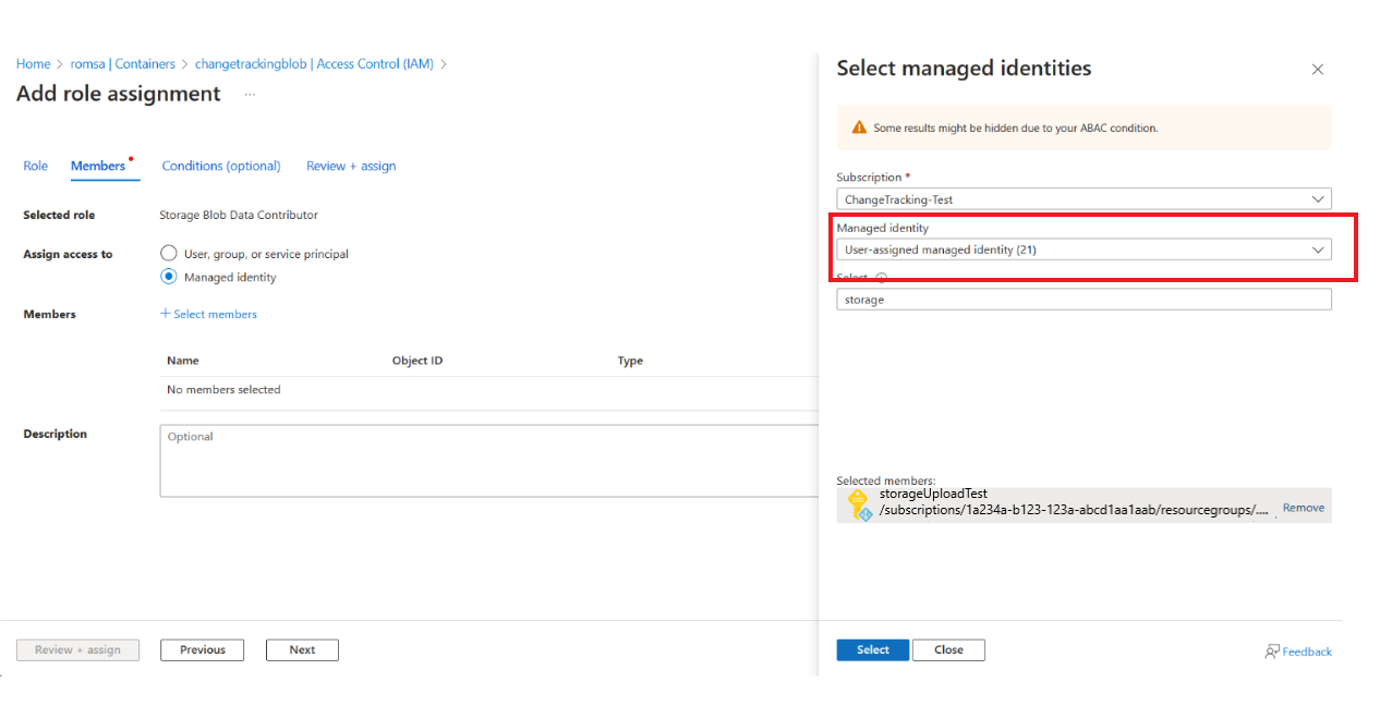 ユーザー割り当てマネージド ID へのロールの追加のスクリーンショット。