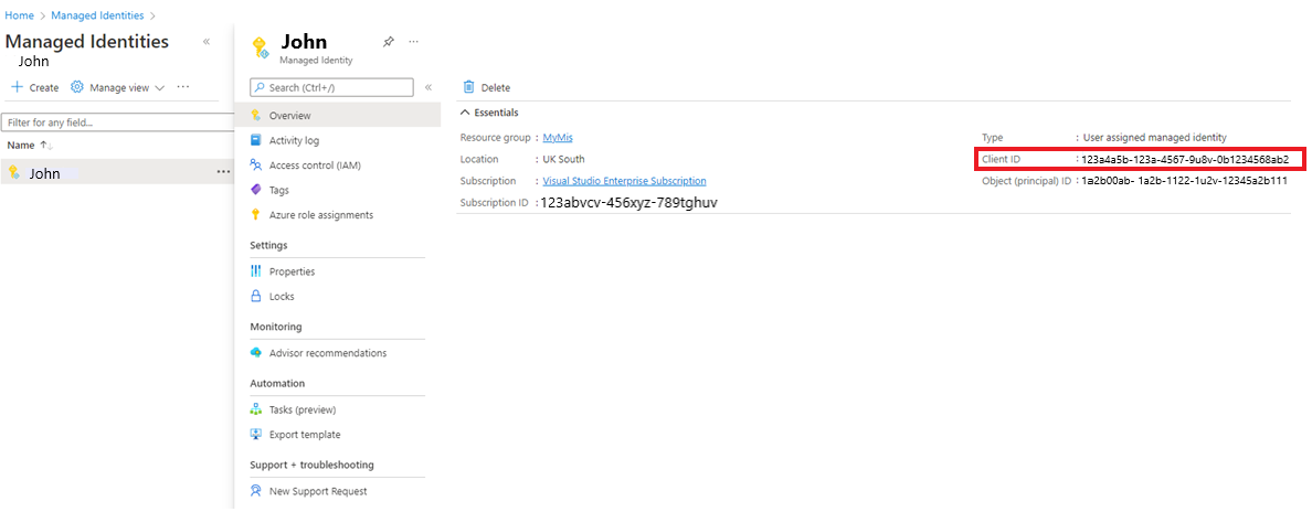 マネージド ID のクライアント ID のスクリーンショット。
