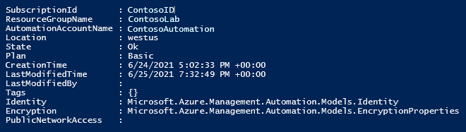 Set-AzAutomationAccount コマンドレットからの出力。