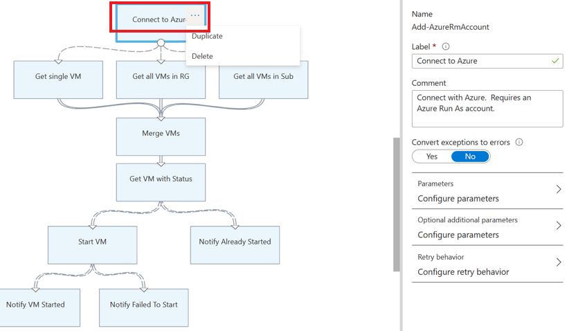 Azure アクティビティに接続するスクリーンショット。