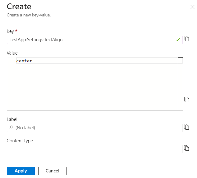 キーと値を作成するための構成設定を示す Azure portal のスクリーンショット。