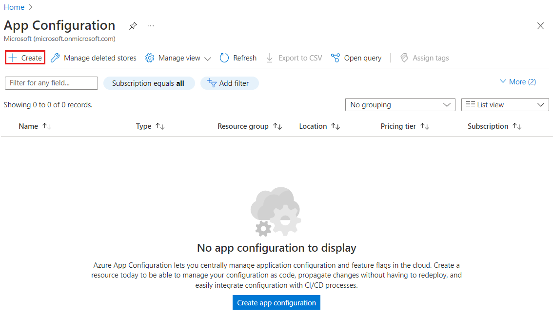 App Configuration ストアの作成を起動するボタンを示す Azure portal のスクリーンショット。