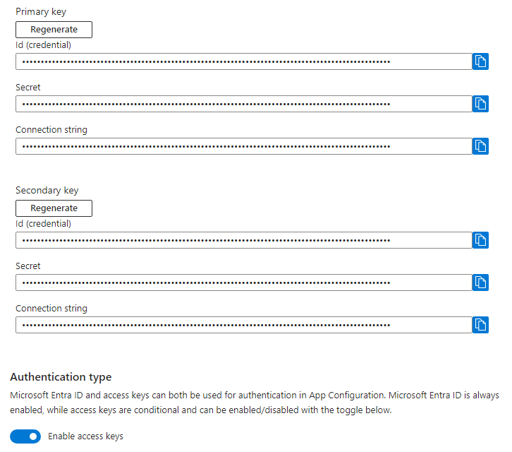 Azure App Configuration リソースのアクセス キーを示すスクリーンショット。