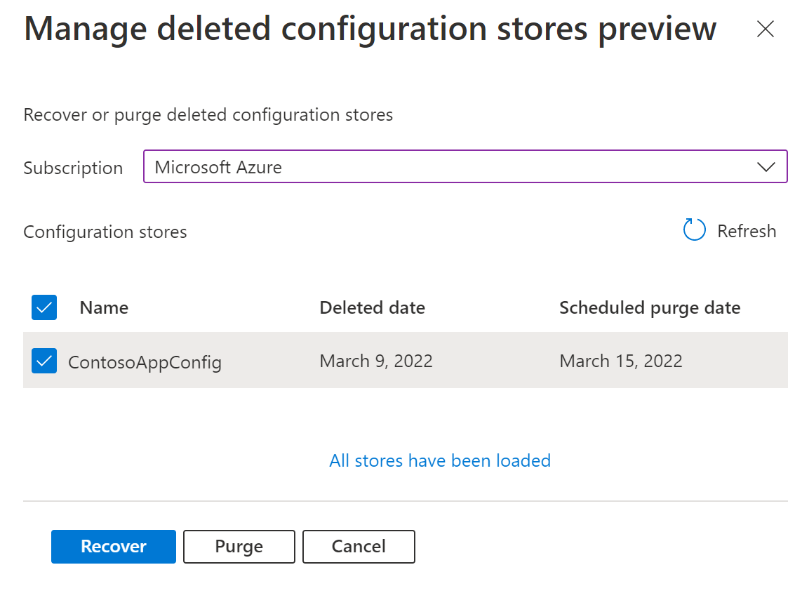 [削除されたストアの管理] パネルでは、1 つのストアが選択され、[Recover](復旧) ボタンが強調表示されています。