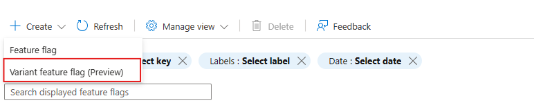 Azure プラットフォームのスクリーンショット。バリアント機能フラグを作成する