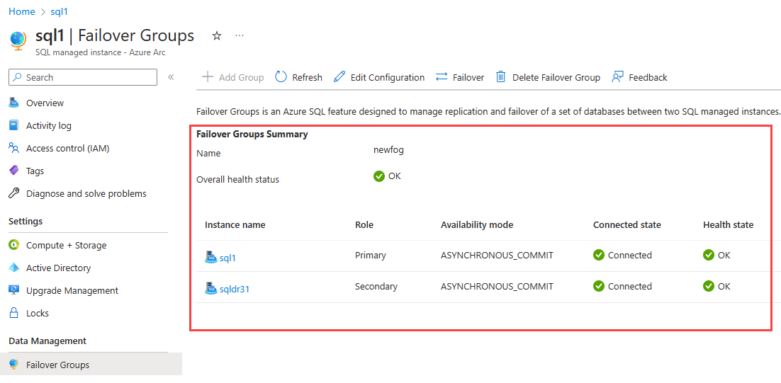 Azure portal フェールオーバー グループのスクリーンショット。