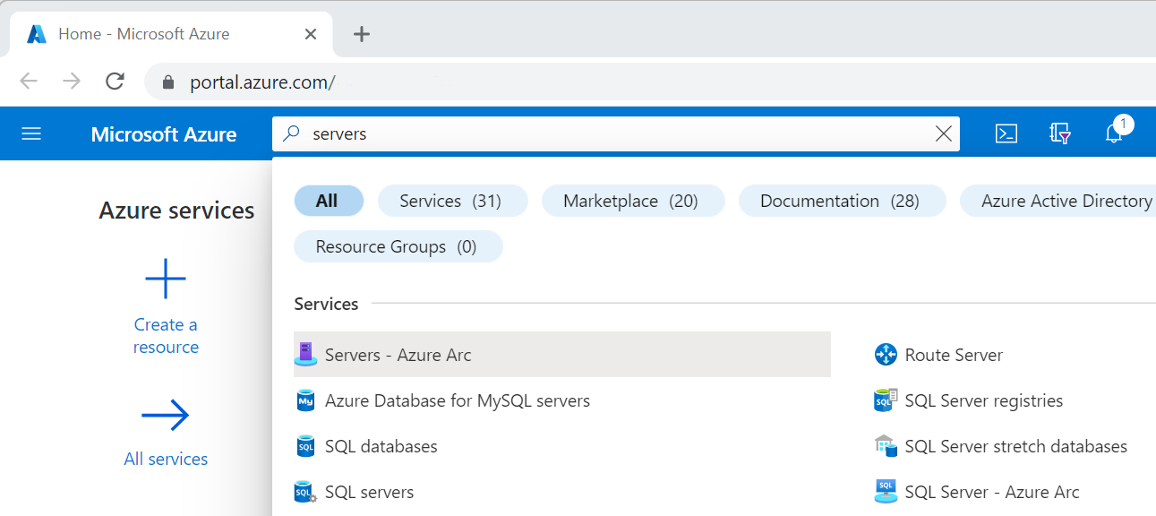 Azure portal のスクリーンショット。サーバー、Azure Arc の検索が示されています。