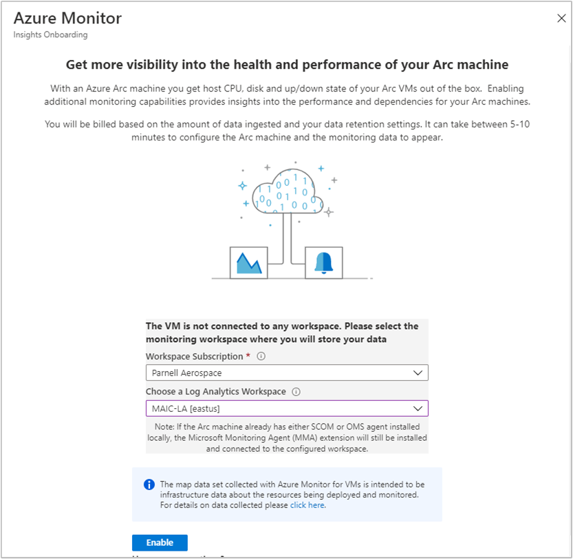 [Insights のオンボード] 画面のスクリーンショット。[VM Insights] を有効にするためのボタンがあります。