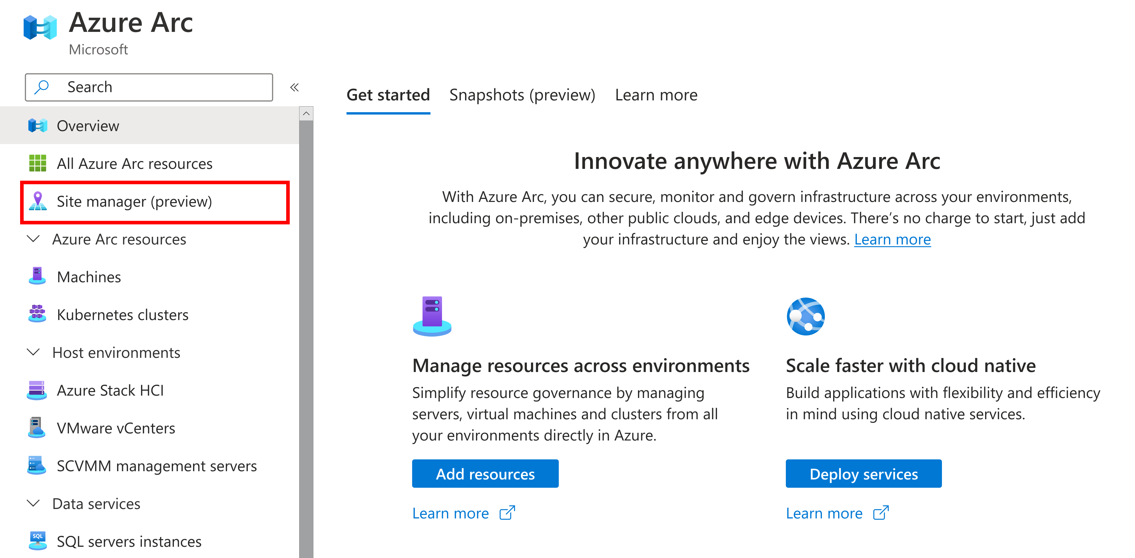 Azure Arc の概要からサイト マネージャーを選択する方法を示すスクリーンショット。