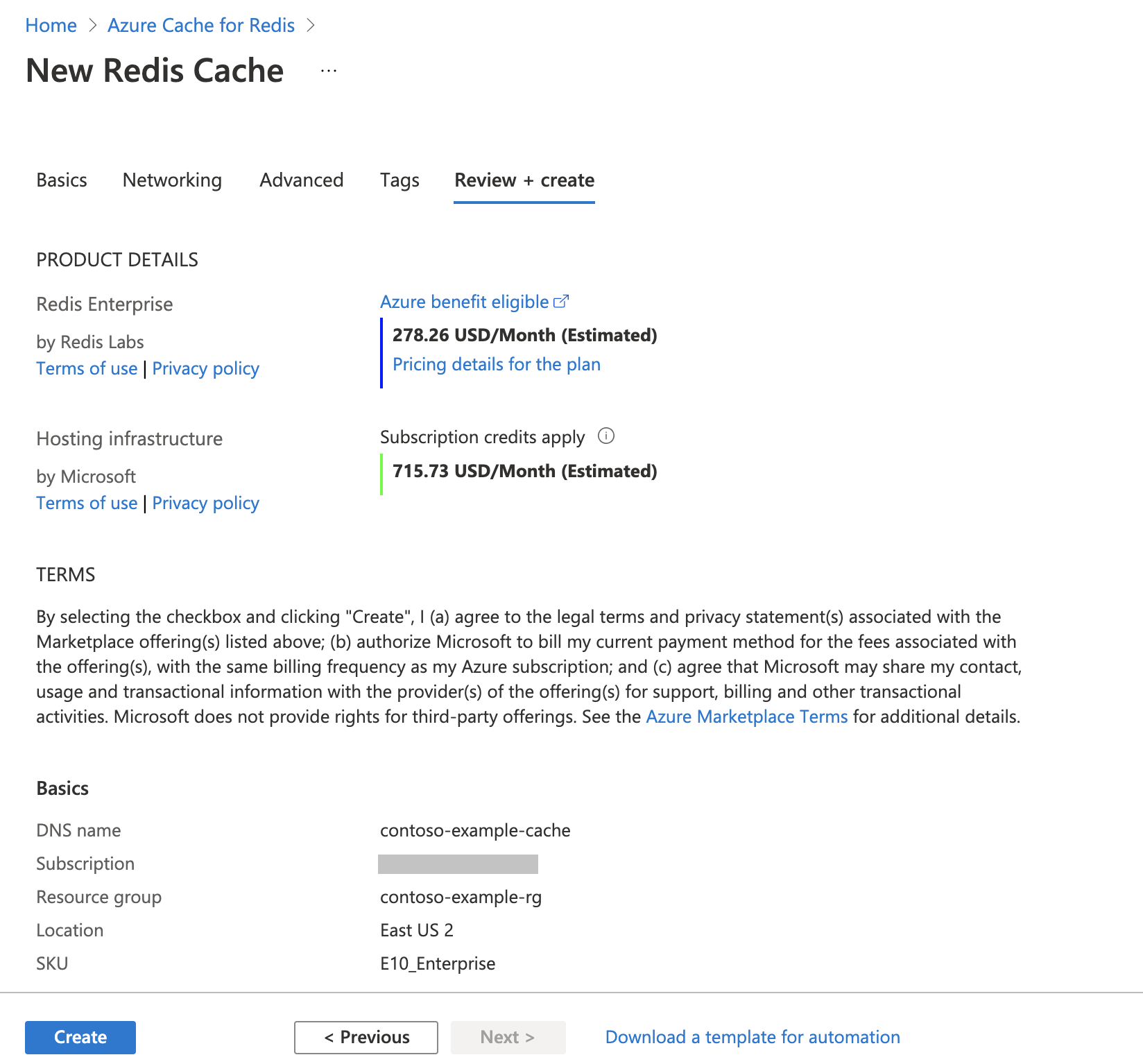 [新規 Redis Cache] ペインに Enterprise レベルの [レビューと作成] タブが表示されているスクリーンショット。