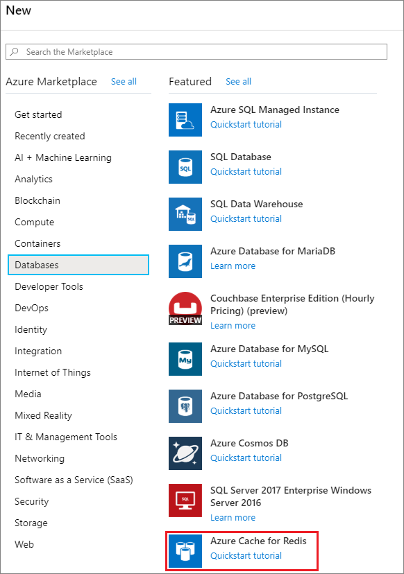 [Azure Cache for Redis] を選択します。