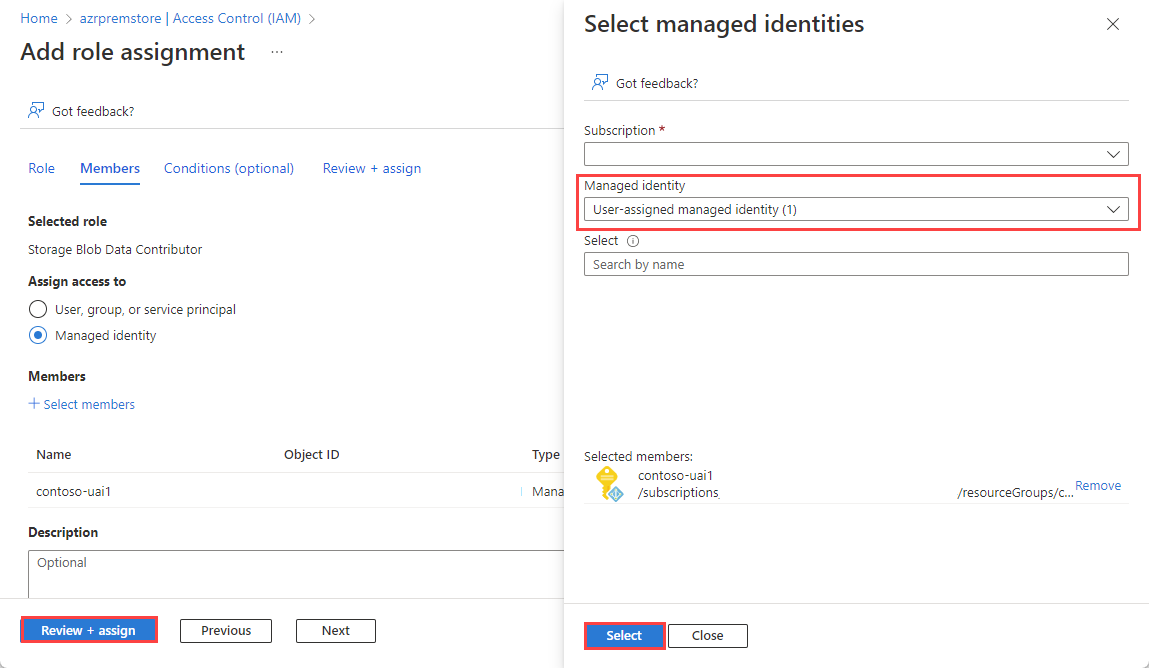 [マネージド ID] フォームを示すスクリーンショット。[ユーザー割り当てマネージド ID] が指定されています。