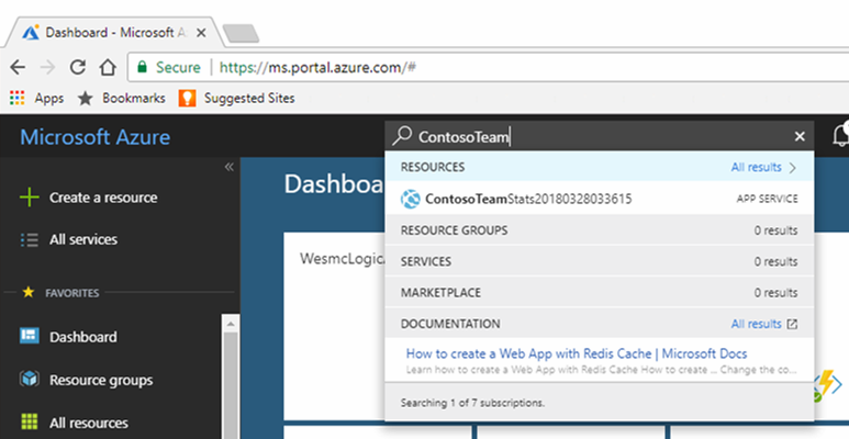 Azure portal 内でのアプリの検索を示すスクリーンショット。