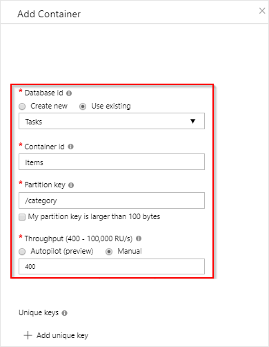 Tasks コンテナーを定義する