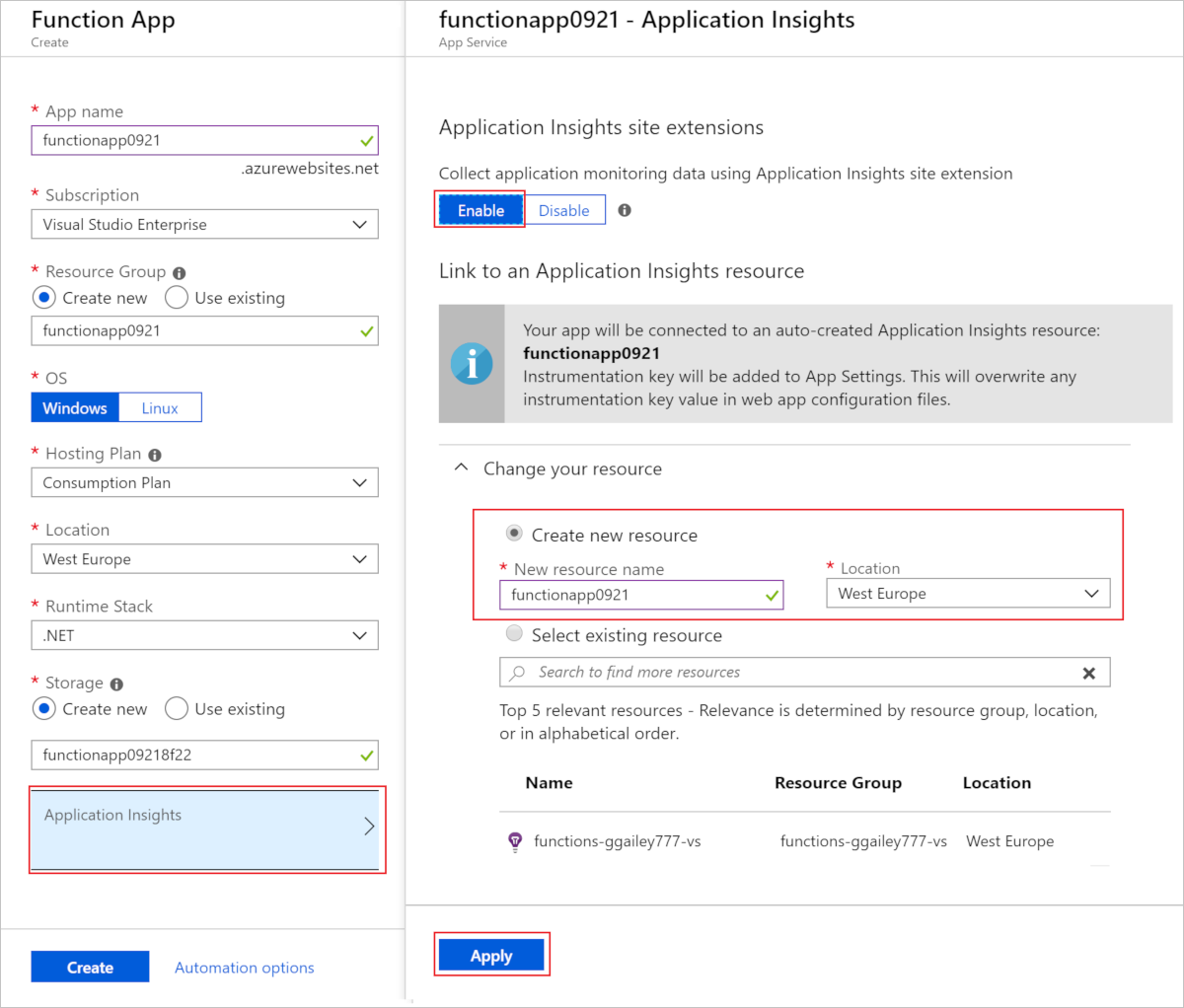 関数アプリの作成中に Application Insights を有効にする方法を示すスクリーンショット。