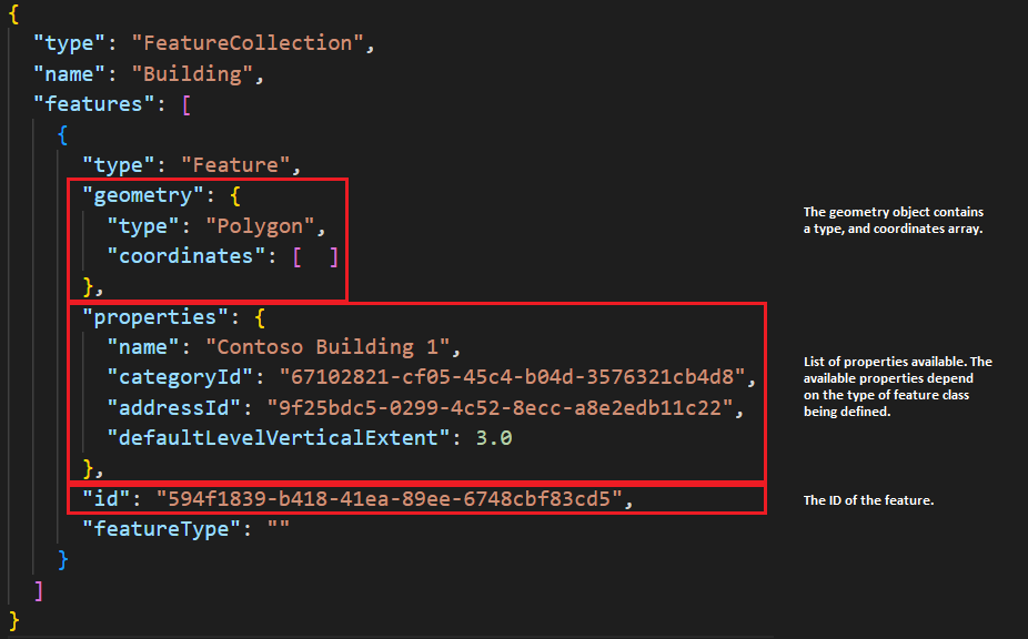 GeoJSON ファイルの geometry フィールドと ID フィールドを示すスクリーンショット。