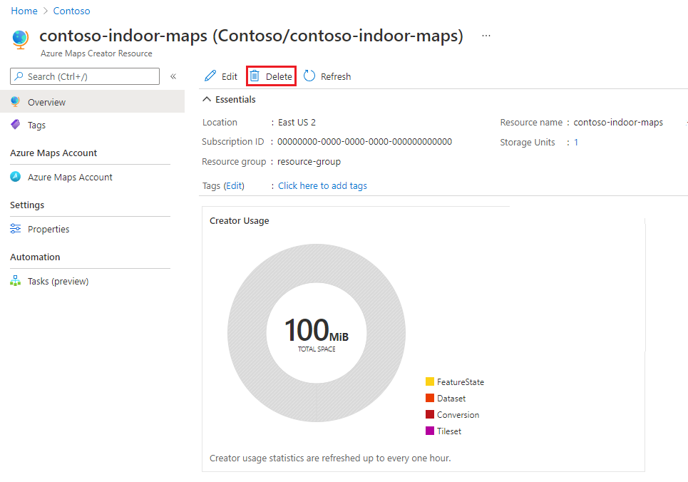 [Azure Maps Creator リソース] ページのスクリーンショット。[削除] ボタンが強調表示されています。