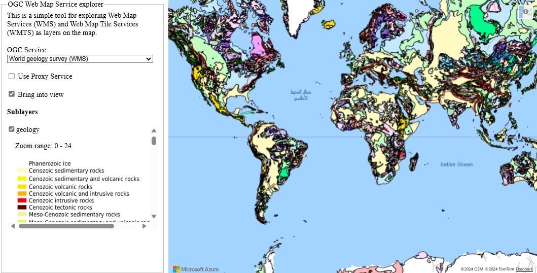 world geology survey の WMTS レイヤーを含むマップを示すスクリーンショット。マップの左には、選択できる OGC サービスを示すドロップダウン リストがある。