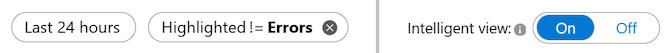 過去 24 時間に赤で強調表示されたエラーのみを示し、インテリジェント ビューが有効になっているフィルターのスクリーンショット。