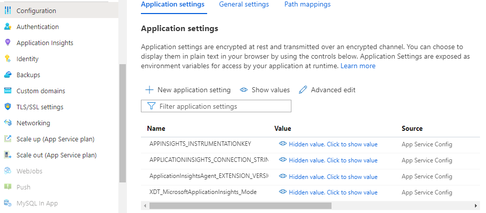 Screenshot of App Service Application Settings with available Application Insights settings.