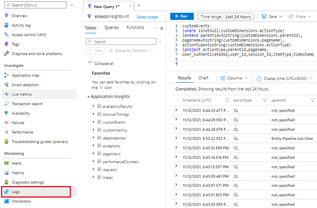 Application Insights の [監視] の [ログ] セクションを表示するスクリーンショット。また、[ログ] セクションには、アプリケーション データを取得するためのサンプル クエリも表示されています。