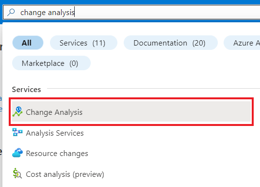 Azure portal における変更分析の検索のスクリーンショット