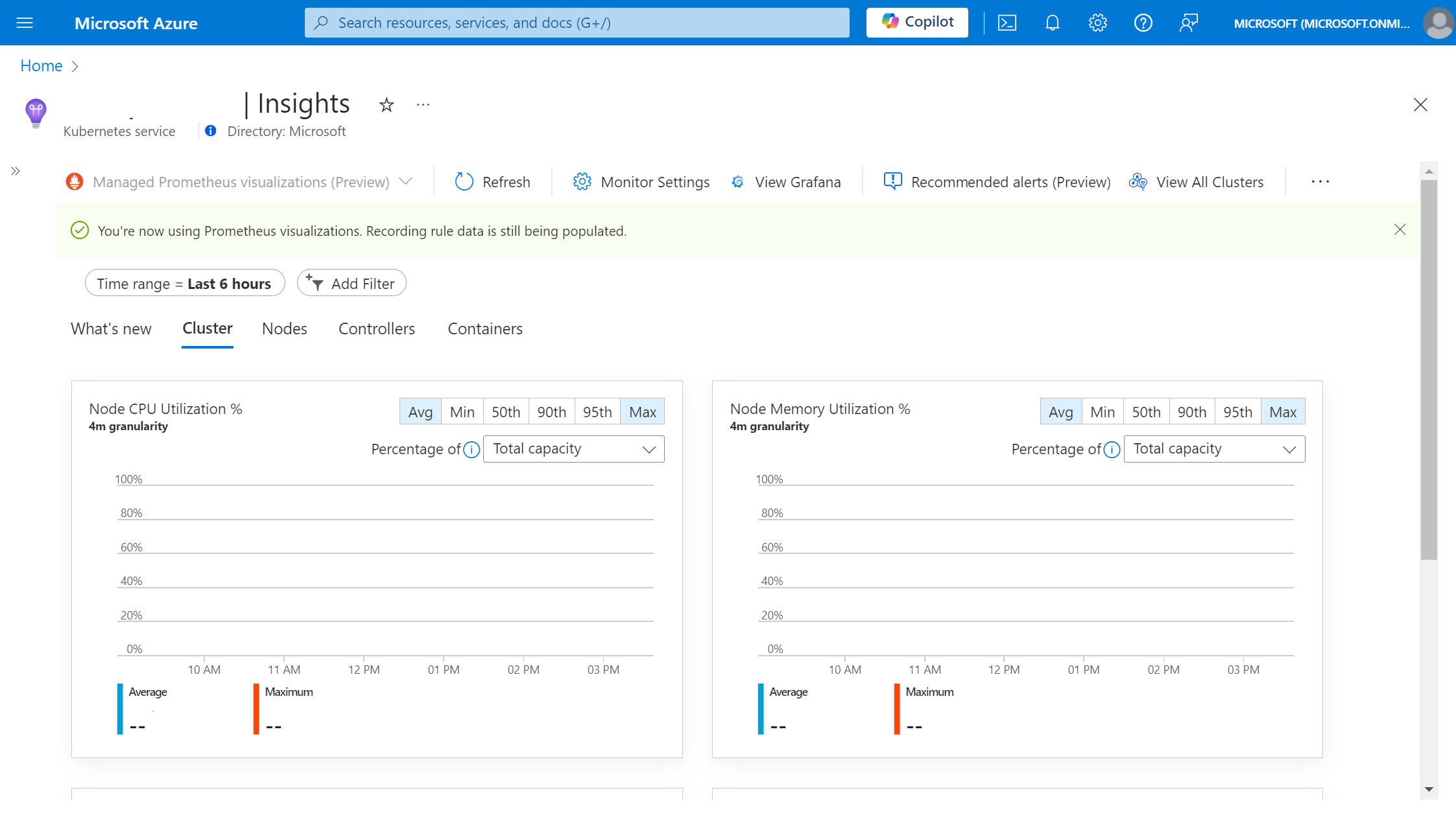 レコーディング ルールのバナーが表示された、Prometheus ベースの Container Insights を使用した AKS クラスターのスクリーンショット。