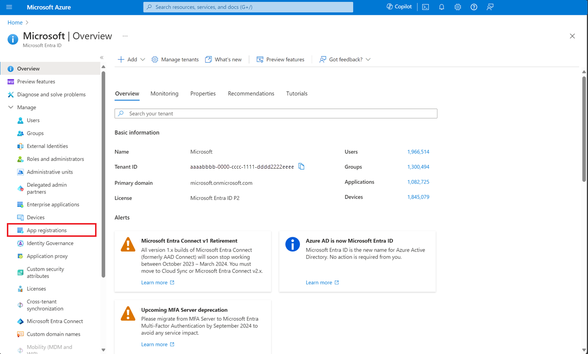 Microsoft Entra の概要ページを示すスクリーンショット。