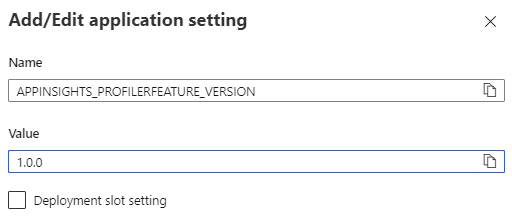 App Insights プロファイラー機能のバージョン設定の追加のスクリーンショット。