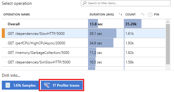 操作と [Profiler トレース] を選び、すべての Profiler トレースを表示している様子を示すスクリーンショット。