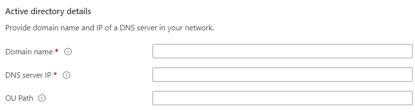 SCOM マネージド インスタンスを作成するための Active Directory の詳細を示すスクリーンショット。