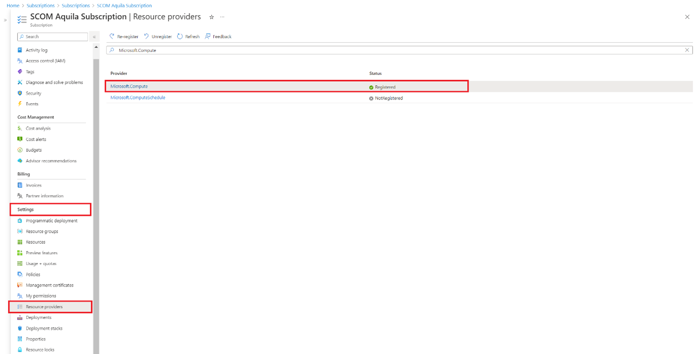 Microsoft Compute プロバイダーを示すスクリーンショット。