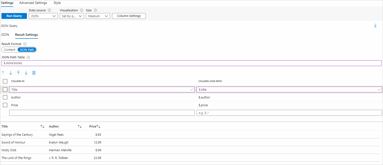 JSON データ ソースと JSON パスの結果形式を使用したクエリ項目の編集を示すスクリーンショット。