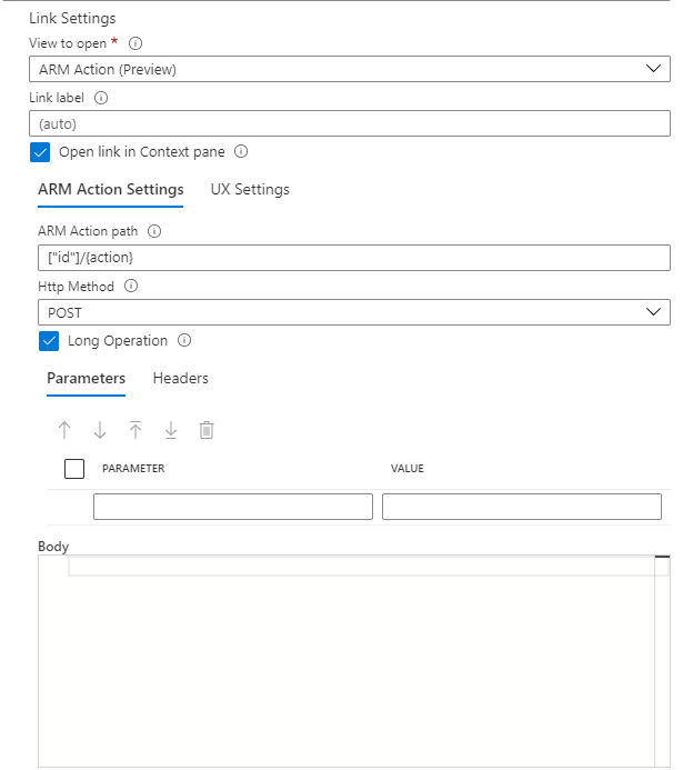 Azure Workbooks ARM アクションの設定を示すスクリーンショット。