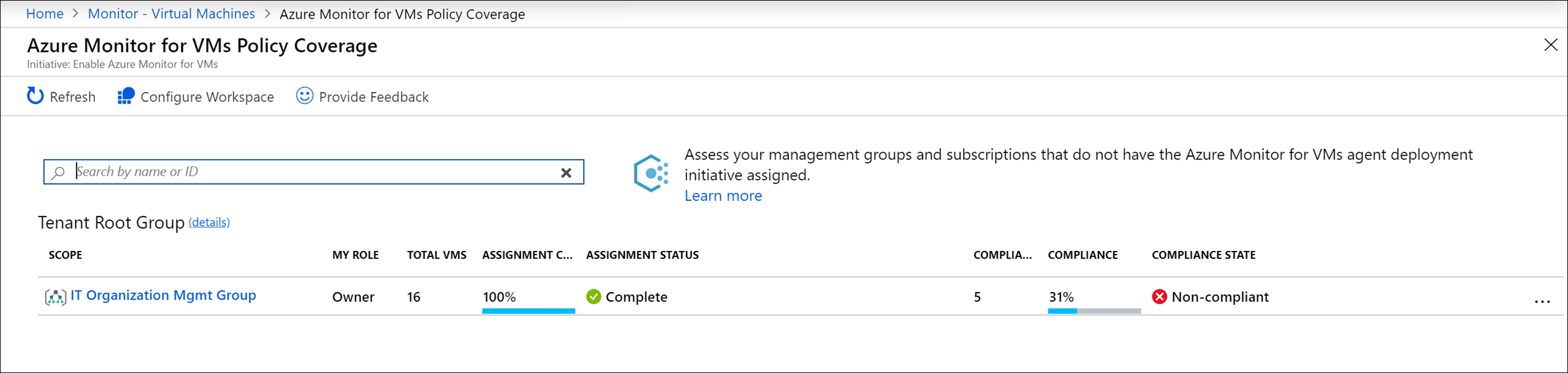 VM insights の [Azure Monitor for VMs のポリシー カバレッジ] ページを示すスクリーンショット。