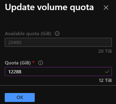 [ボリュームのクォータを更新] ウィンドウを示すスクリーンショット。