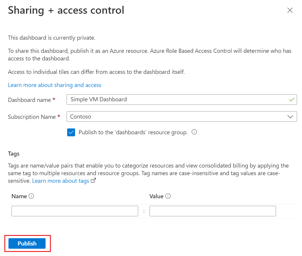 Azure portal ダッシュボードを公開する方法を示すスクリーンショット。