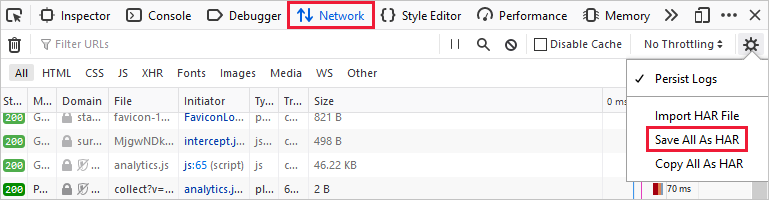 [ネットワーク] タブの [HAR 形式ですべて保存] コマンドのスクリーンショット。